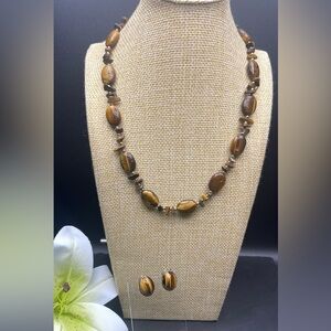 Vintage CHAPS Genuine Tigers Eye Necklace w/Unbranded Tigers Eye Clip Earrings